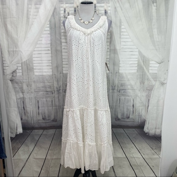Reba Large Embroidered Dress Pullover Fringe Eyelet Solid White Sleeveless Midi - Picture 2 of 14